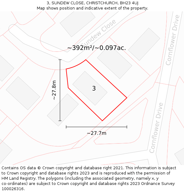 3, SUNDEW CLOSE, CHRISTCHURCH, BH23 4UJ: Plot and title map