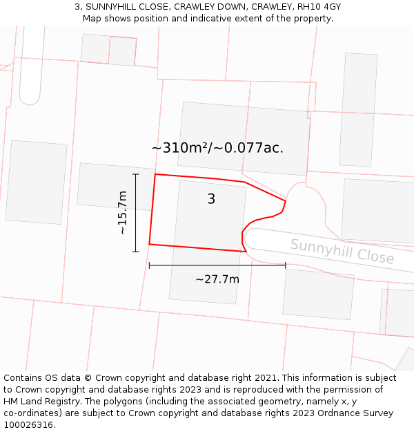 3, SUNNYHILL CLOSE, CRAWLEY DOWN, CRAWLEY, RH10 4GY: Plot and title map