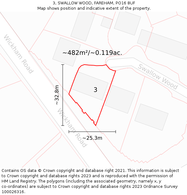 3, SWALLOW WOOD, FAREHAM, PO16 8UF: Plot and title map