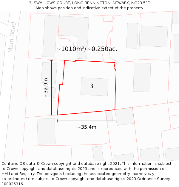 3, SWALLOWS COURT, LONG BENNINGTON, NEWARK, NG23 5FD: Plot and title map