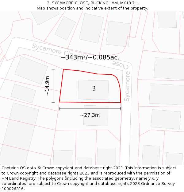3, SYCAMORE CLOSE, BUCKINGHAM, MK18 7JL: Plot and title map