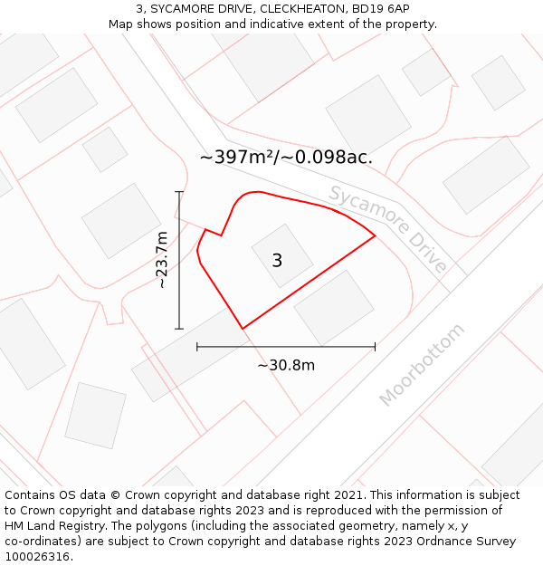 3, SYCAMORE DRIVE, CLECKHEATON, BD19 6AP: Plot and title map