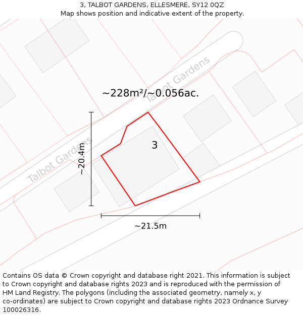 3, TALBOT GARDENS, ELLESMERE, SY12 0QZ: Plot and title map