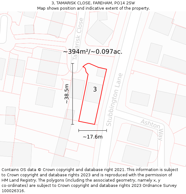 3, TAMARISK CLOSE, FAREHAM, PO14 2SW: Plot and title map