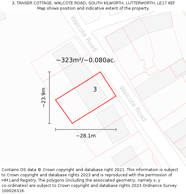 3, TANSER COTTAGE, WALCOTE ROAD, SOUTH KILWORTH, LUTTERWORTH, LE17 6EF: Plot and title map