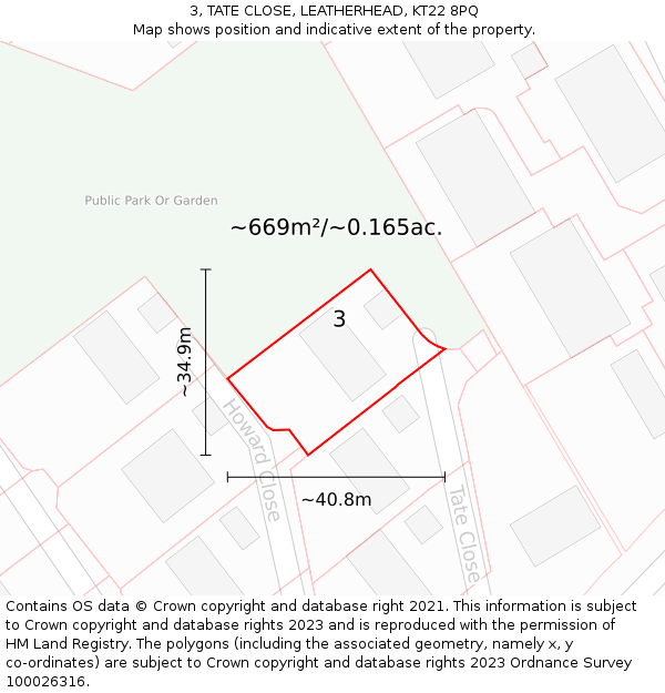3, TATE CLOSE, LEATHERHEAD, KT22 8PQ: Plot and title map