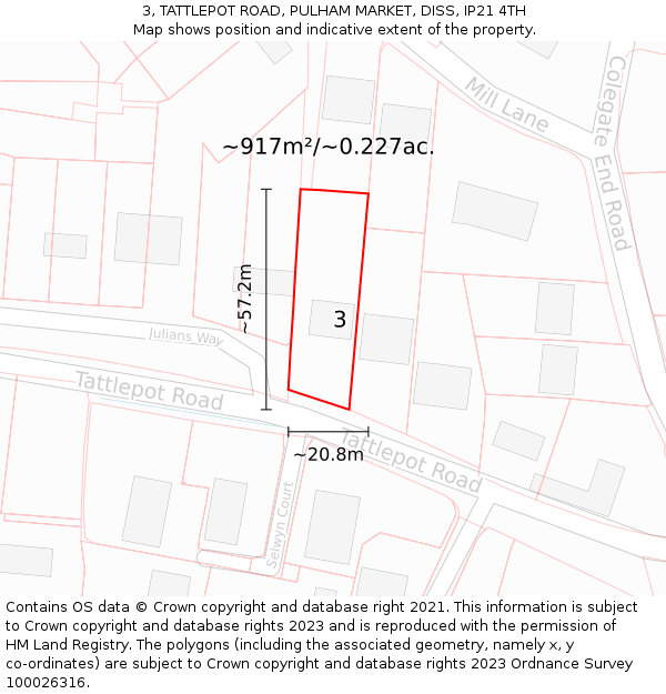 3, TATTLEPOT ROAD, PULHAM MARKET, DISS, IP21 4TH: Plot and title map