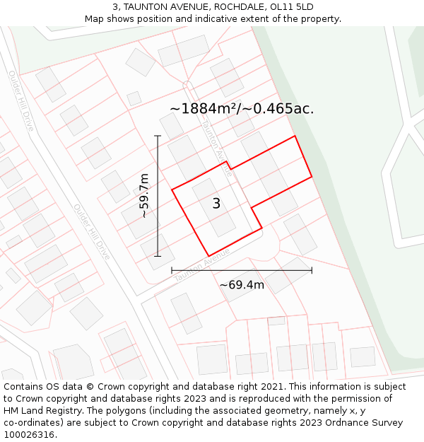 3, TAUNTON AVENUE, ROCHDALE, OL11 5LD: Plot and title map