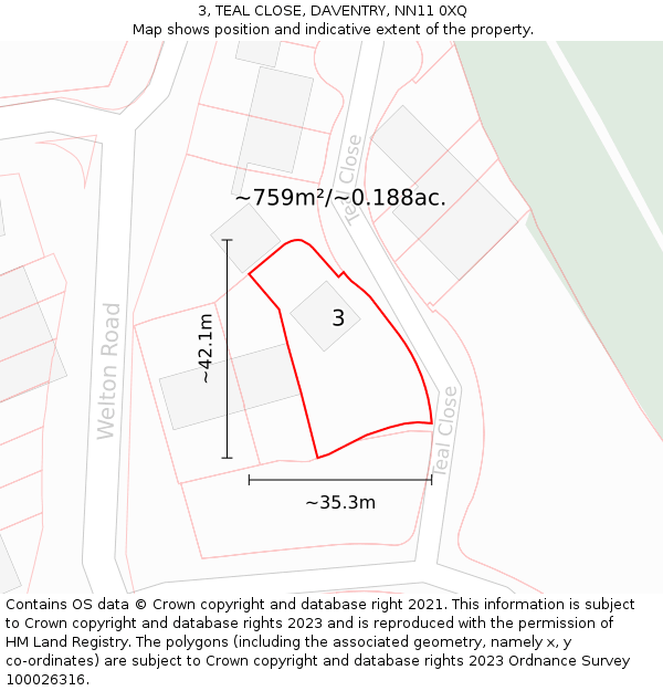 3, TEAL CLOSE, DAVENTRY, NN11 0XQ: Plot and title map