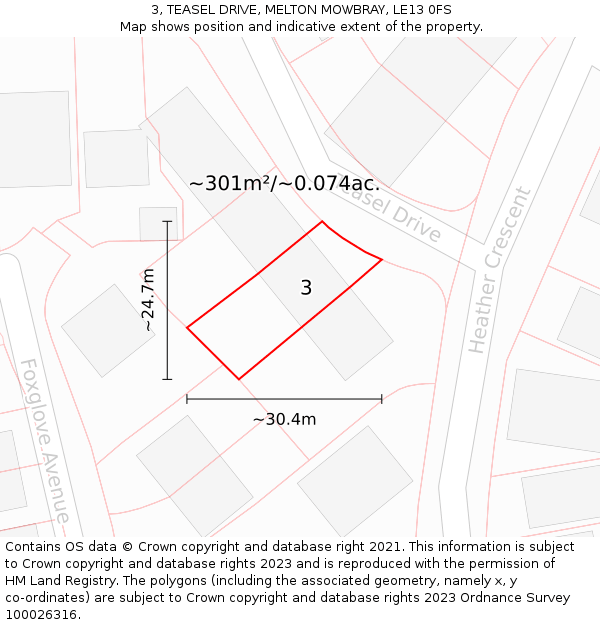 3, TEASEL DRIVE, MELTON MOWBRAY, LE13 0FS: Plot and title map