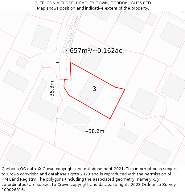 3, TELCONIA CLOSE, HEADLEY DOWN, BORDON, GU35 8ED: Plot and title map
