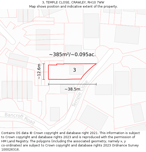 3, TEMPLE CLOSE, CRAWLEY, RH10 7WW: Plot and title map