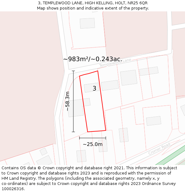 3, TEMPLEWOOD LANE, HIGH KELLING, HOLT, NR25 6QR: Plot and title map