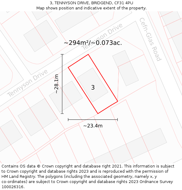 3, TENNYSON DRIVE, BRIDGEND, CF31 4PU: Plot and title map