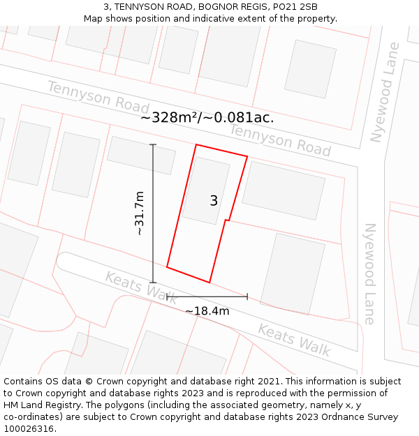 3, TENNYSON ROAD, BOGNOR REGIS, PO21 2SB: Plot and title map