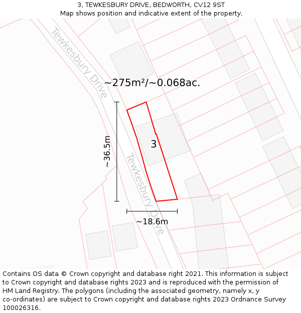 3, TEWKESBURY DRIVE, BEDWORTH, CV12 9ST: Plot and title map