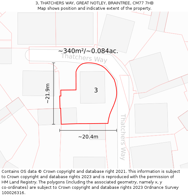 3, THATCHERS WAY, GREAT NOTLEY, BRAINTREE, CM77 7HB: Plot and title map