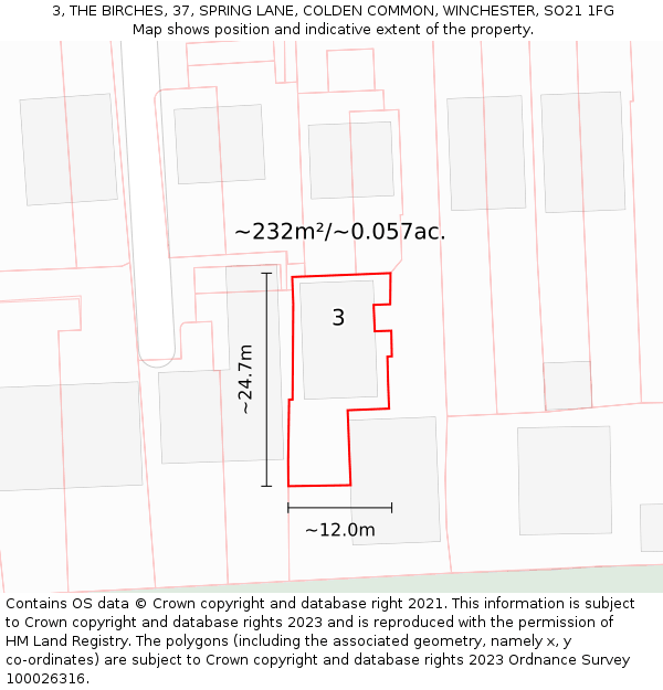 3, THE BIRCHES, 37, SPRING LANE, COLDEN COMMON, WINCHESTER, SO21 1FG: Plot and title map