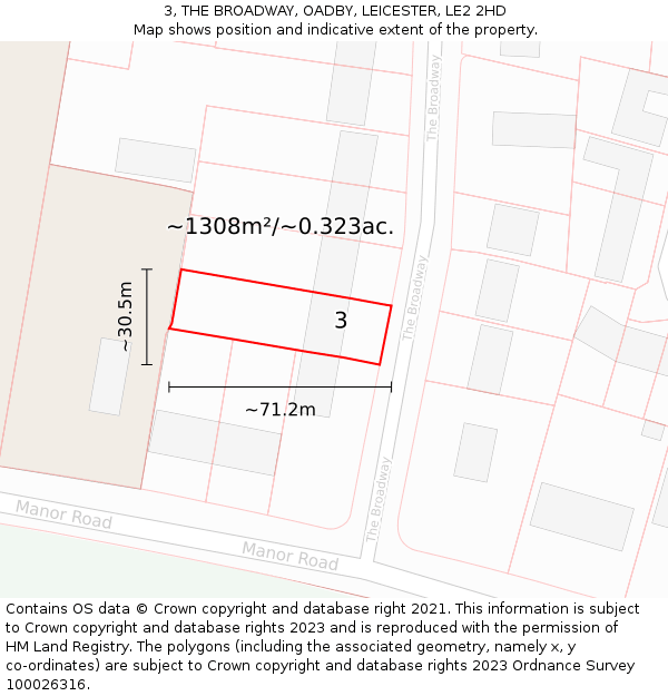 3, THE BROADWAY, OADBY, LEICESTER, LE2 2HD: Plot and title map