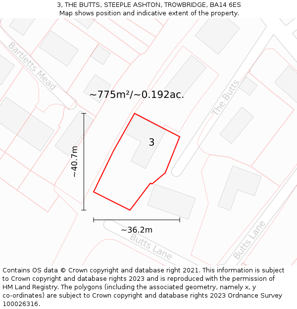 3, THE BUTTS, STEEPLE ASHTON, TROWBRIDGE, BA14 6ES: Plot and title map