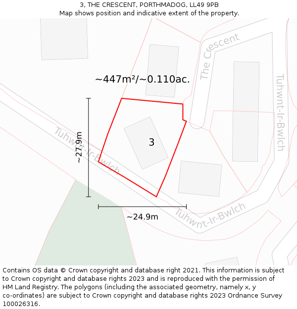 3, THE CRESCENT, PORTHMADOG, LL49 9PB: Plot and title map