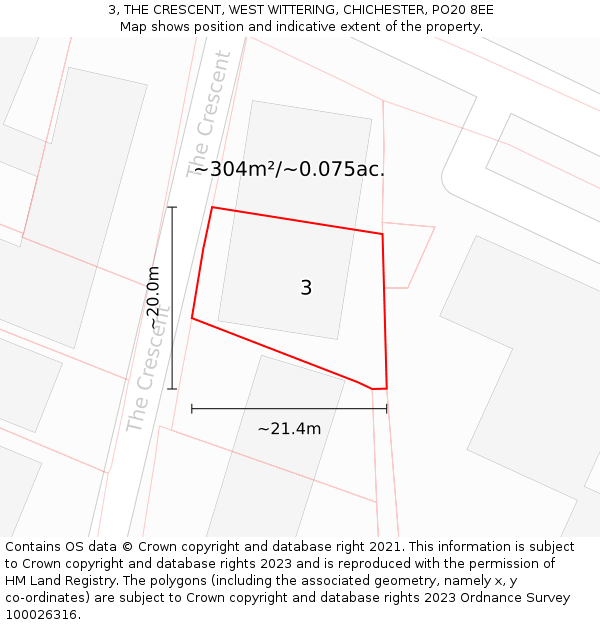 3, THE CRESCENT, WEST WITTERING, CHICHESTER, PO20 8EE: Plot and title map