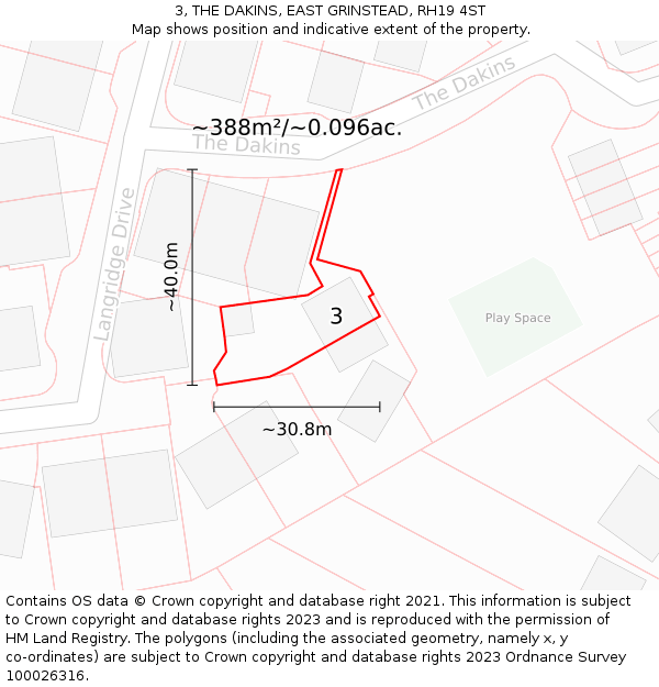 3, THE DAKINS, EAST GRINSTEAD, RH19 4ST: Plot and title map