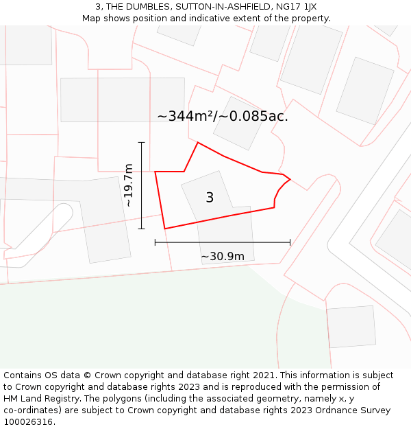 3, THE DUMBLES, SUTTON-IN-ASHFIELD, NG17 1JX: Plot and title map