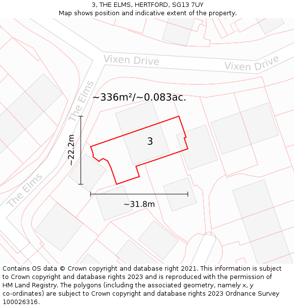 3, THE ELMS, HERTFORD, SG13 7UY: Plot and title map