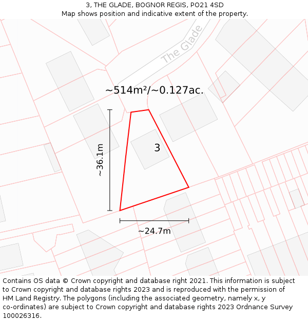 3, THE GLADE, BOGNOR REGIS, PO21 4SD: Plot and title map