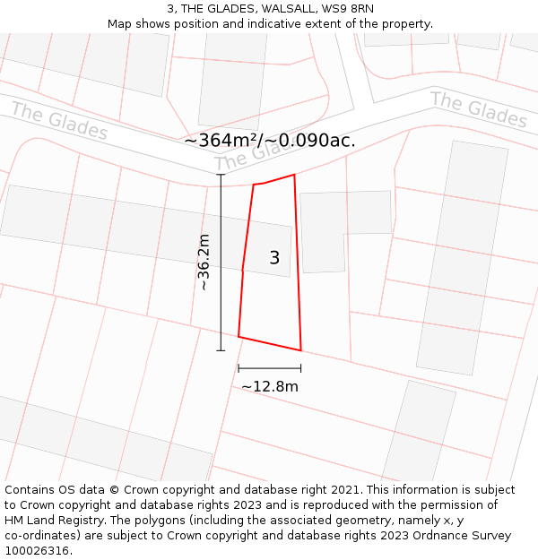 3, THE GLADES, WALSALL, WS9 8RN: Plot and title map