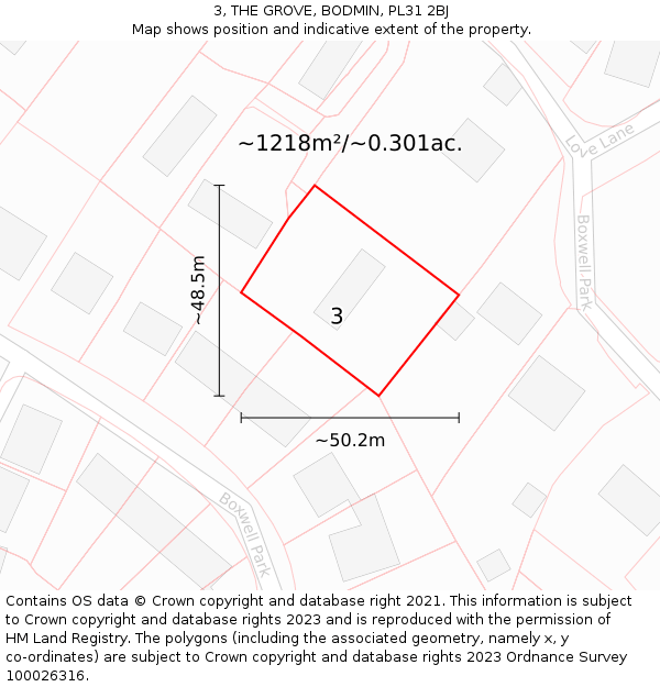 3, THE GROVE, BODMIN, PL31 2BJ: Plot and title map