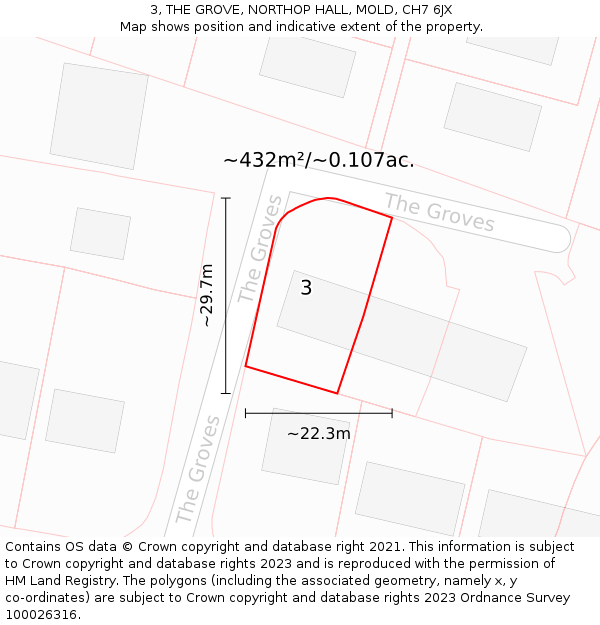 3, THE GROVE, NORTHOP HALL, MOLD, CH7 6JX: Plot and title map