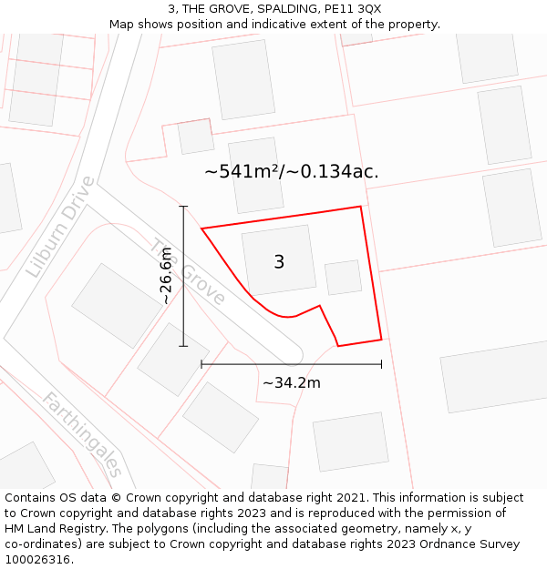 3, THE GROVE, SPALDING, PE11 3QX: Plot and title map