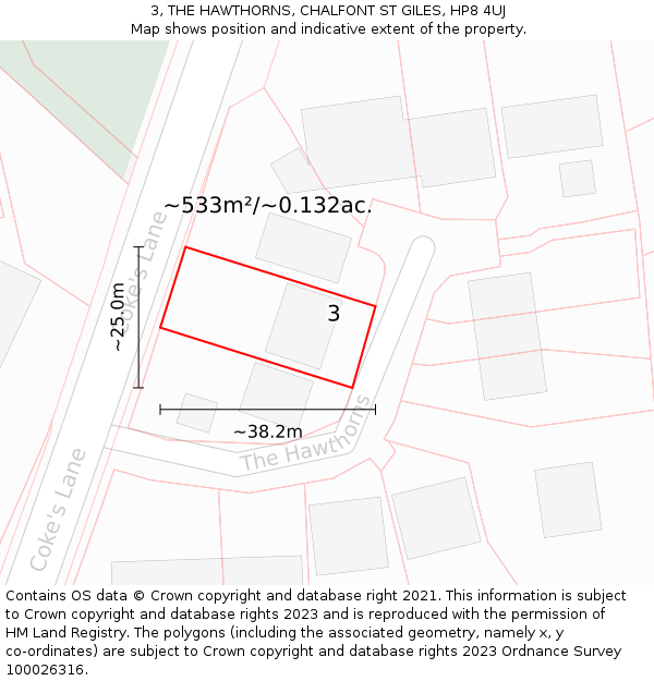 3, THE HAWTHORNS, CHALFONT ST GILES, HP8 4UJ: Plot and title map