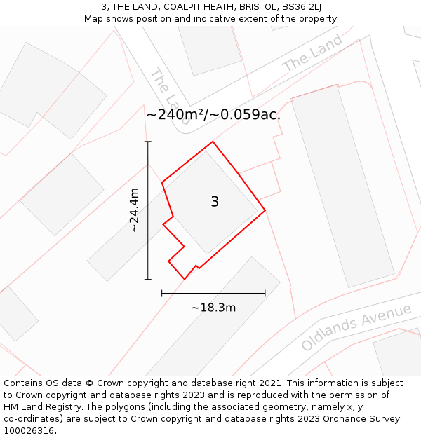 3, THE LAND, COALPIT HEATH, BRISTOL, BS36 2LJ: Plot and title map