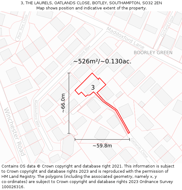 3, THE LAURELS, OATLANDS CLOSE, BOTLEY, SOUTHAMPTON, SO32 2EN: Plot and title map