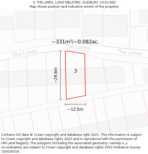 3, THE LIMES, LONG MELFORD, SUDBURY, CO10 9SX: Plot and title map