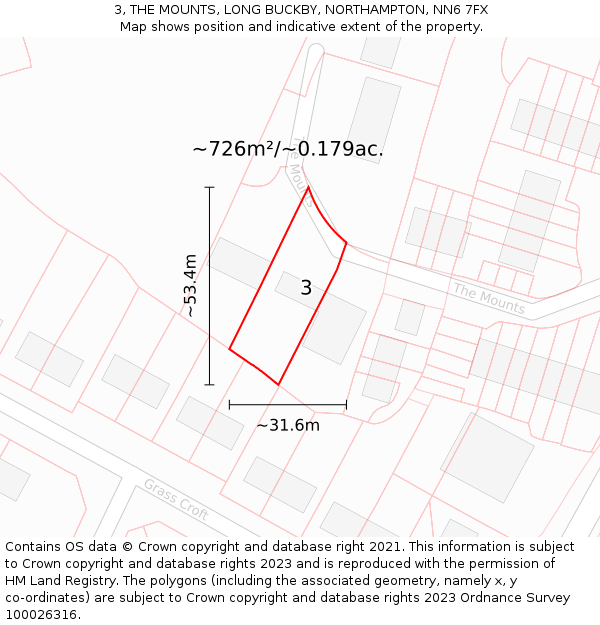 3, THE MOUNTS, LONG BUCKBY, NORTHAMPTON, NN6 7FX: Plot and title map