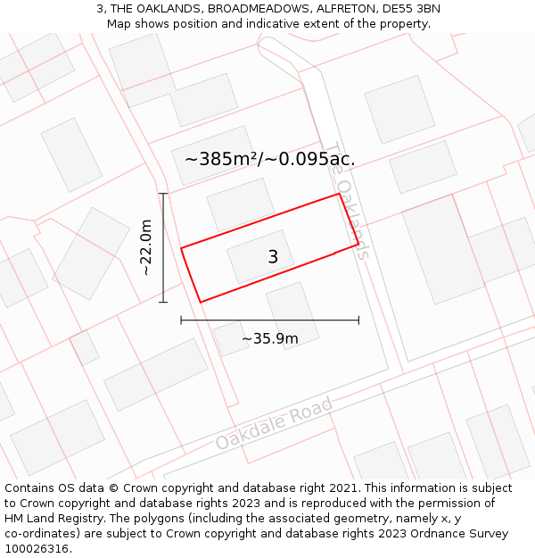 3, THE OAKLANDS, BROADMEADOWS, ALFRETON, DE55 3BN: Plot and title map