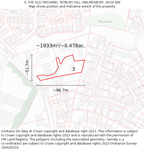 3, THE OLD ORCHARD, TETBURY HILL, MALMESBURY, SN16 9JW: Plot and title map