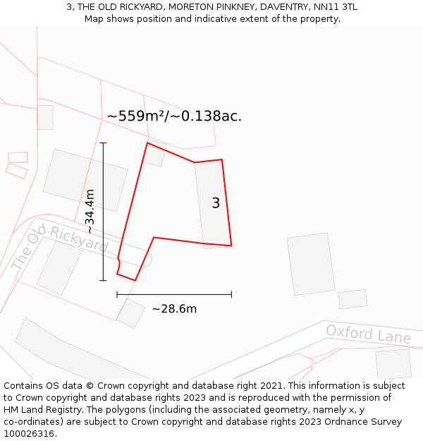 3, THE OLD RICKYARD, MORETON PINKNEY, DAVENTRY, NN11 3TL: Plot and title map