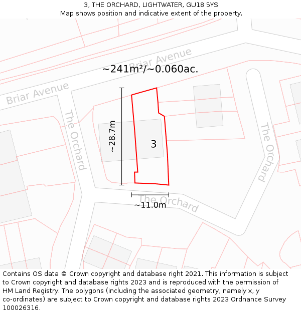 3, THE ORCHARD, LIGHTWATER, GU18 5YS: Plot and title map