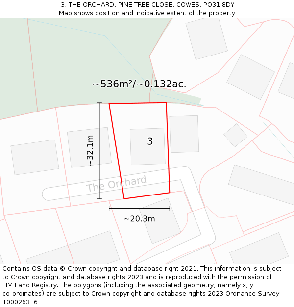 3, THE ORCHARD, PINE TREE CLOSE, COWES, PO31 8DY: Plot and title map