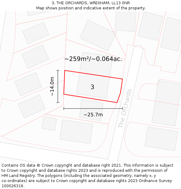 3, THE ORCHARDS, WREXHAM, LL13 0NR: Plot and title map