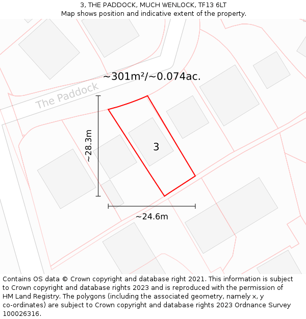 3, THE PADDOCK, MUCH WENLOCK, TF13 6LT: Plot and title map