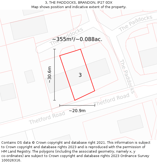 3, THE PADDOCKS, BRANDON, IP27 0DX: Plot and title map