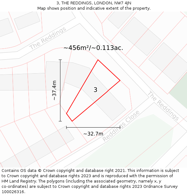 3, THE REDDINGS, LONDON, NW7 4JN: Plot and title map