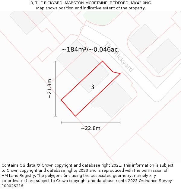3, THE RICKYARD, MARSTON MORETAINE, BEDFORD, MK43 0NG: Plot and title map