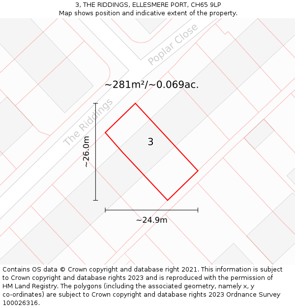 3, THE RIDDINGS, ELLESMERE PORT, CH65 9LP: Plot and title map